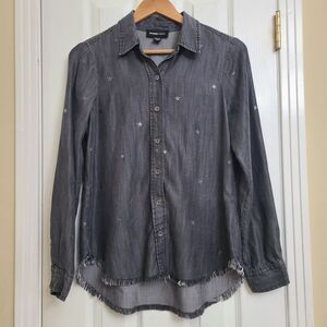 Fifteen Twenty Tencel Long Sleeve Button Up Fringe Hem Gray Star Print Size M